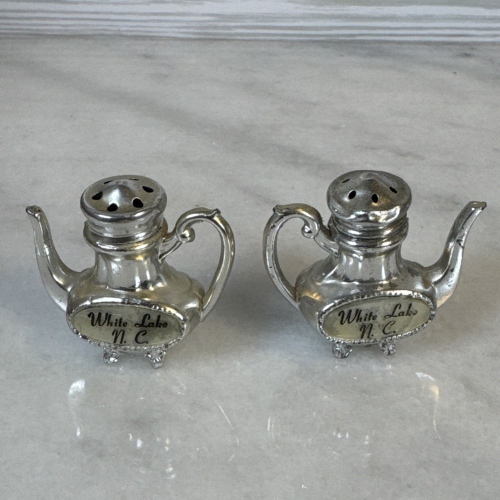 Vtg Silver Metal Salt And Pepper Shakers, White Lake N.C. Souvenir Japan